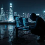 Hacker typing on computer with glowing blue code and neon city skyline reflecting on wet pavement