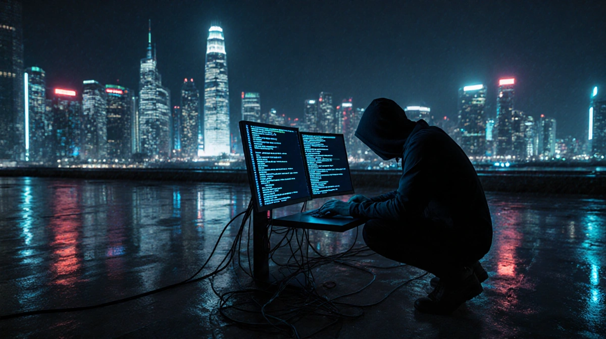 Hacker typing on computer with glowing blue code and neon city skyline reflecting on wet pavement