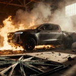 Cybertruck burning with blackened metal and smoke near shattered Tesla showroom window
