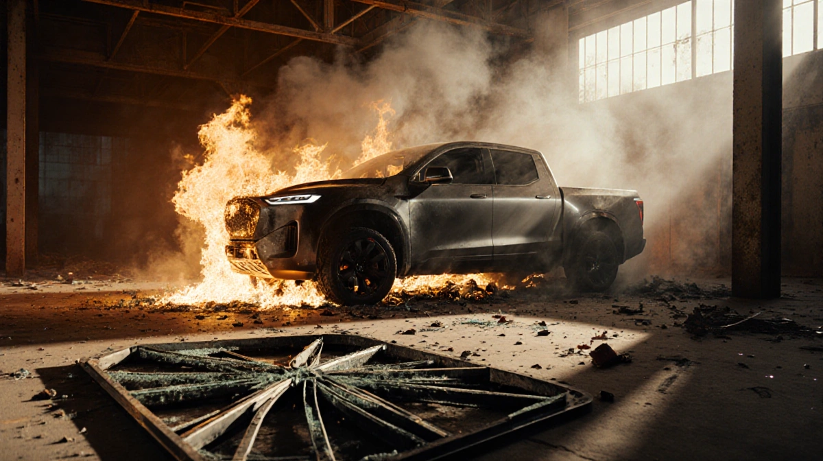 Cybertruck burning with blackened metal and smoke near shattered Tesla showroom window