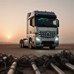 Cybertruck parked in Saudi Arabian desert at sunset with metallic silver body and dark glowing windows showing industrial wir