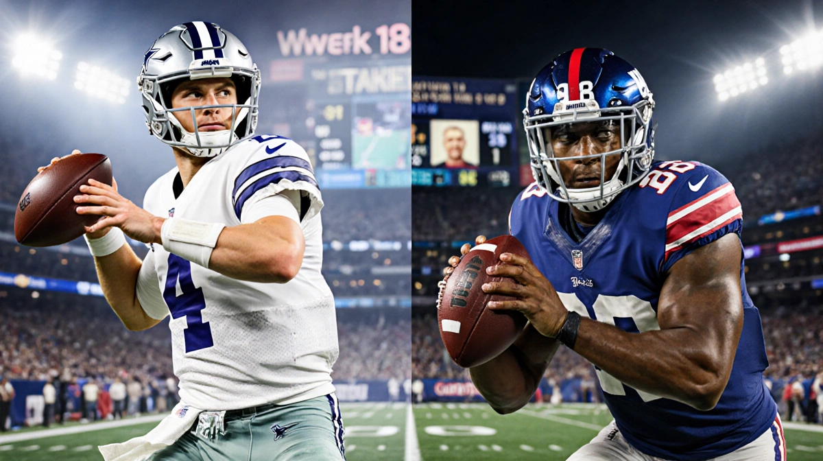 Dak Prescott throwing with arm cocked under spotlight Giants linebacker holding a football in split-screen stadium background