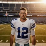Dak Prescott the quarterback standing alone on the Cowboys field with sunset light and empty stadium seats
