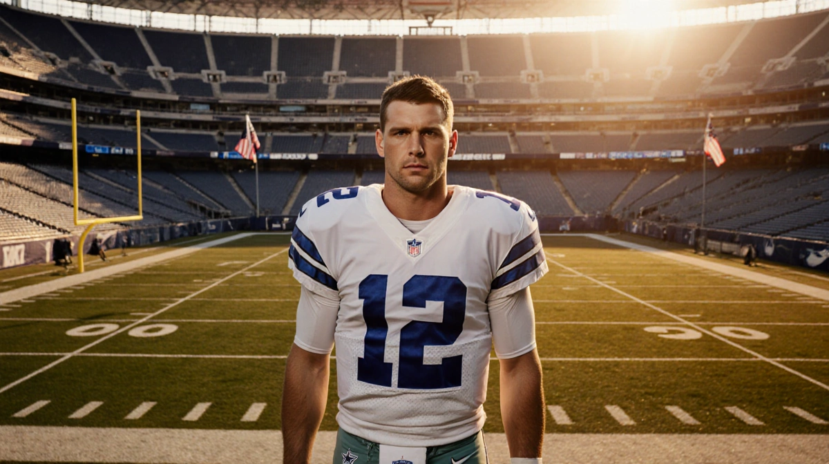 Dak Prescott the quarterback standing alone on the Cowboys field with sunset light and empty stadium seats