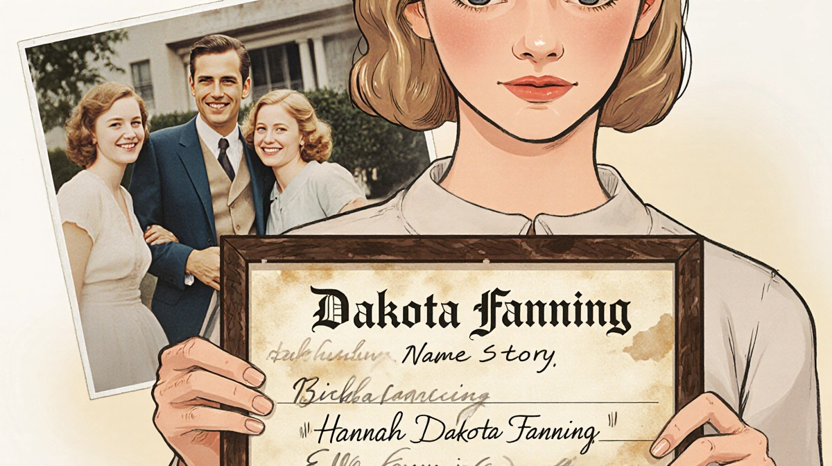 Dakota Fanning holding a framed birth certificate with her name Hannah Dakota Fanning with Elle Fanning photo in the backgrou