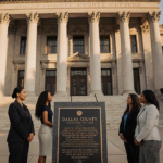 Community members gather around a new plaque on the historic Dallas County courthouse with golden light and lush greenery.