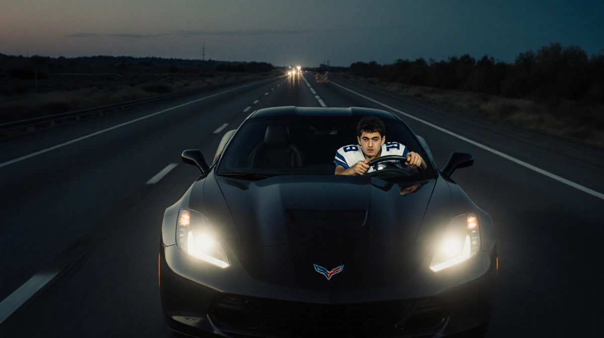 A sleek black sports car speeding down a dark tollway with a worried Cowboys player gesturing frantically in the passenger se
