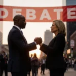 Colin Allred and Julie Johnson face each other with clasped hands under a red DEBATE banner amid a sunset city backdrop