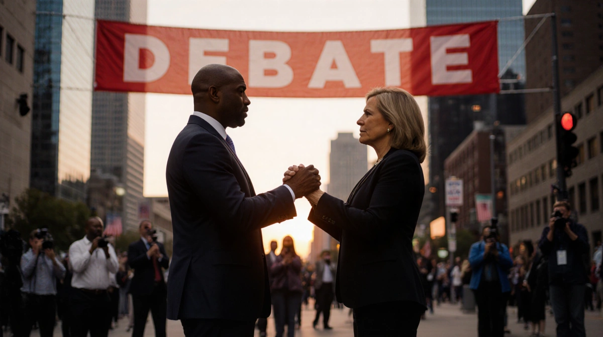 Colin Allred and Julie Johnson face each other with clasped hands under a red DEBATE banner amid a sunset city backdrop