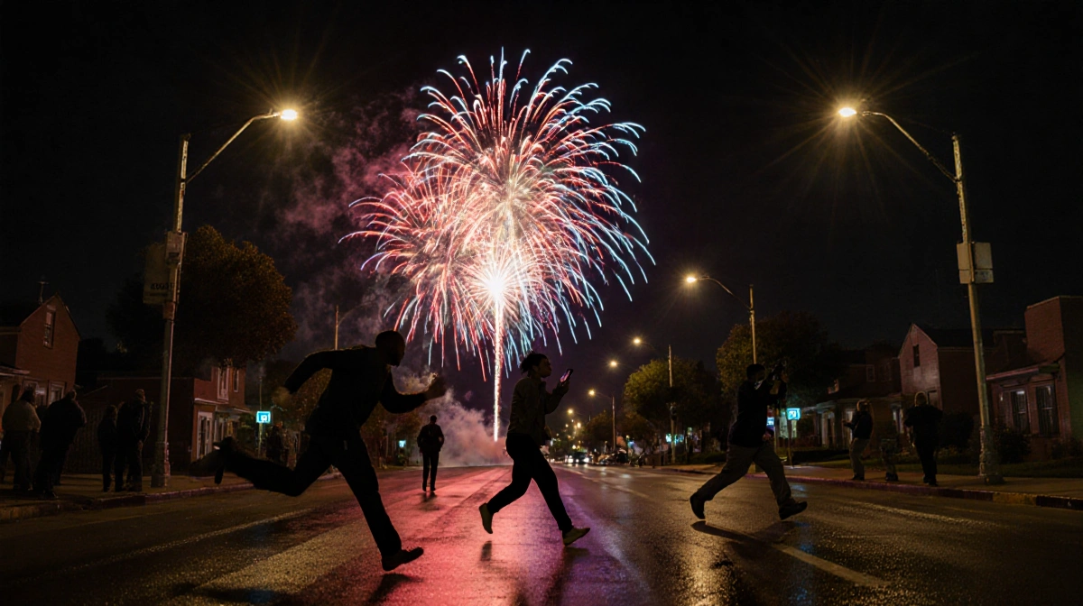 People running from gunfire with fireworks exploding above and Dallas streetlights casting shadows