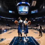Anthony Davis and Max Christie stand back‑to‑back with basketballs on the Dallas Mavericks