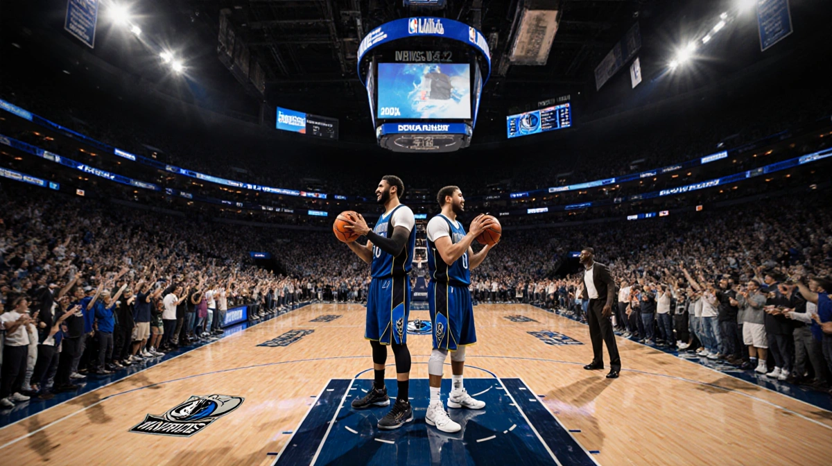 Anthony Davis and Max Christie stand back‑to‑back with basketballs on the Dallas Mavericks