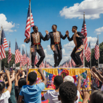 Performers in traditional African attire dance atop a decorated float with cheering crowds and bright American flags