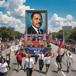 Floats parade along the Dallas MLK route with bright flags and cheering crowds near the Martin Luther King portrait