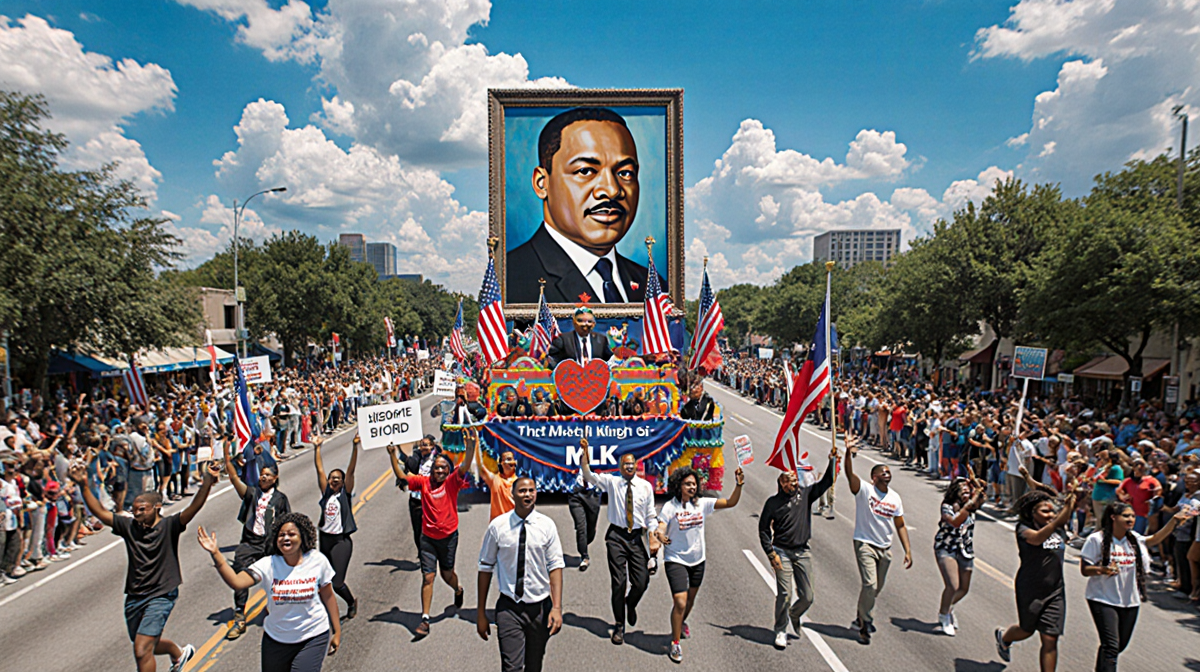 Floats parade along the Dallas MLK route with bright flags and cheering crowds near the Martin Luther King portrait