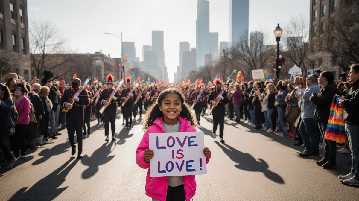 Young girl smiles while holding a Love is Love sign during the Dallas MLK Parade with colorful floats and the city skyline be