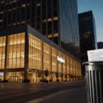Downtown Dallas skyscrapers glow at dusk with Neiman Marcus flagship store shining warmly and court papers peeking from trash