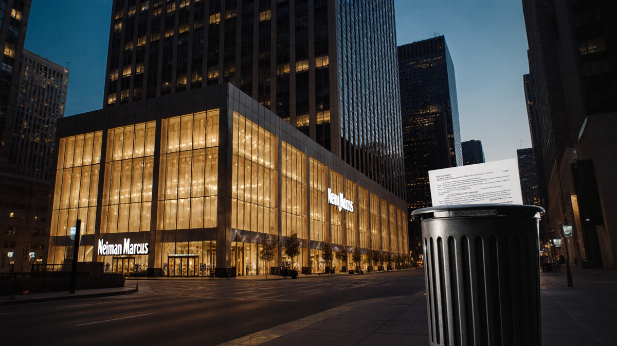 Downtown Dallas skyscrapers glow at dusk with Neiman Marcus flagship store shining warmly and court papers peeking from trash
