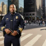 Dallas Police Chief Daniel Comeaux stands at Main and Elm with downtown skyline reflected behind him