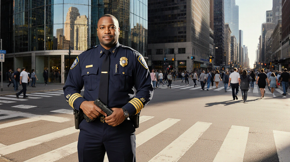 Dallas Police Chief Daniel Comeaux stands at Main and Elm with downtown skyline reflected behind him