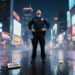 Police officer stands alone looking up with neon city lights reflecting on wet pavement and phone showing gunfire news