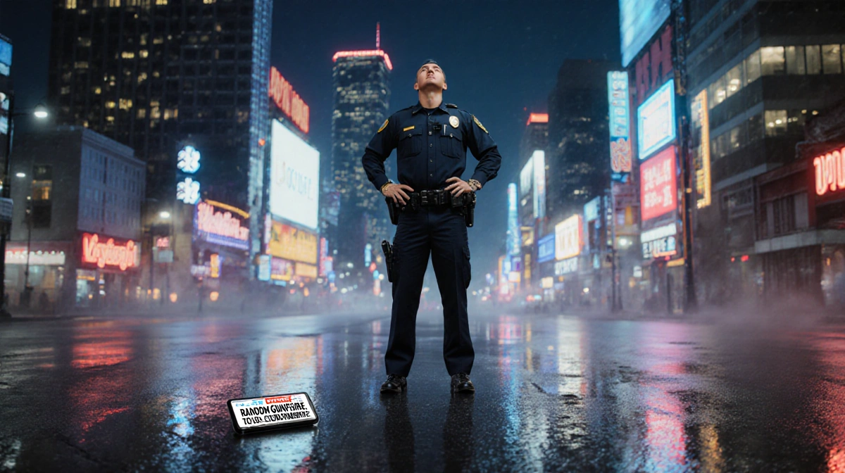 Police officer stands alone looking up with neon city lights reflecting on wet pavement and phone showing gunfire news
