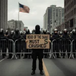 Lone protester holds anti-government sign with riot troops and American flag behind barricade