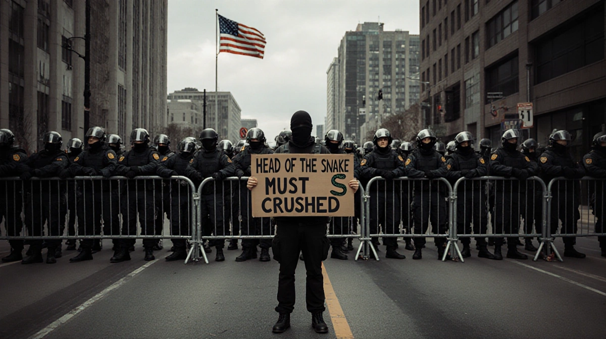 Lone protester holds anti-government sign with riot troops and American flag behind barricade