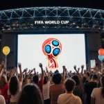 Fans cheering around giant digital screen with World Cup logo near AT&T Stadium and twinkling lights and colorful balloons
