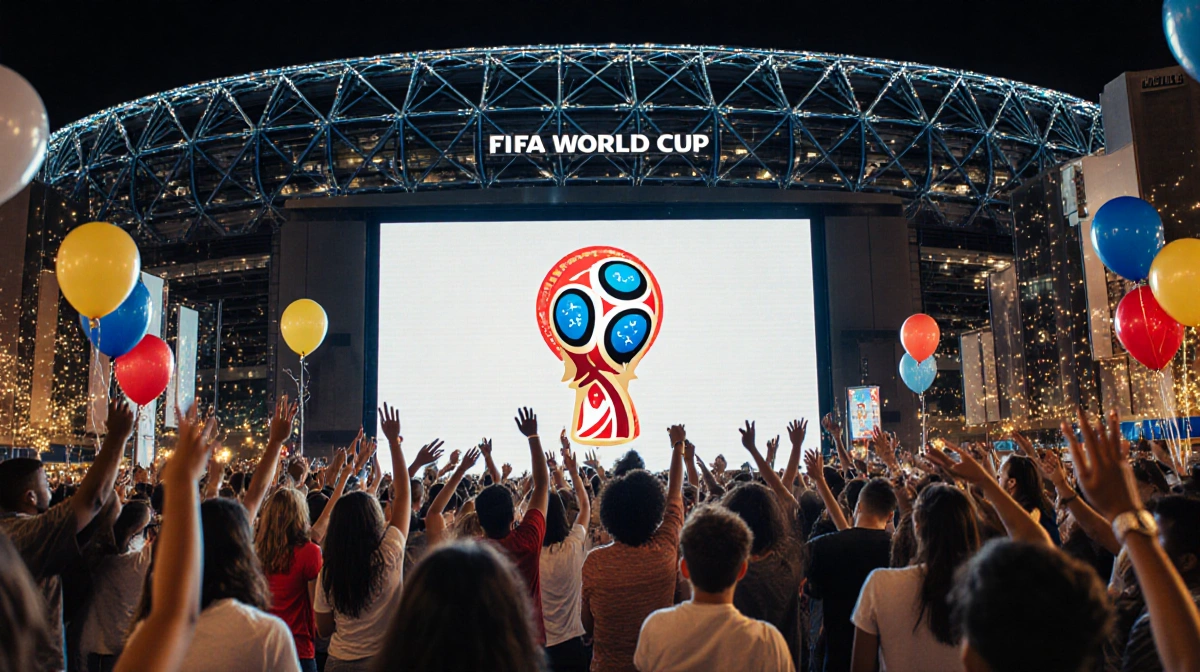 Fans cheering around giant digital screen with World Cup logo near AT&T Stadium and twinkling lights and colorful balloons