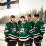 Four Dallas Stars players huddle together with Mikko Rantanen in the center holding hockey sticks with Finland