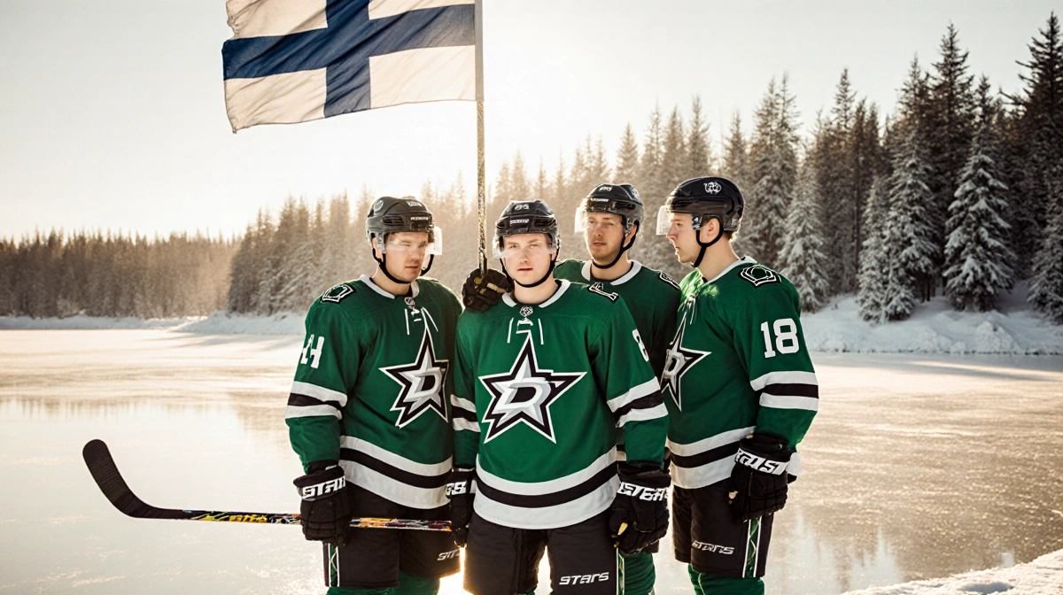Four Dallas Stars players huddle together with Mikko Rantanen in the center holding hockey sticks with Finland