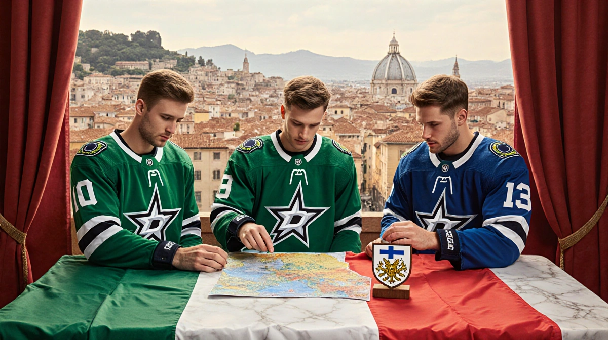 Three Dallas Stars players examining a European map and Finnish ornament with Italian flag on marble table and cityscape behi