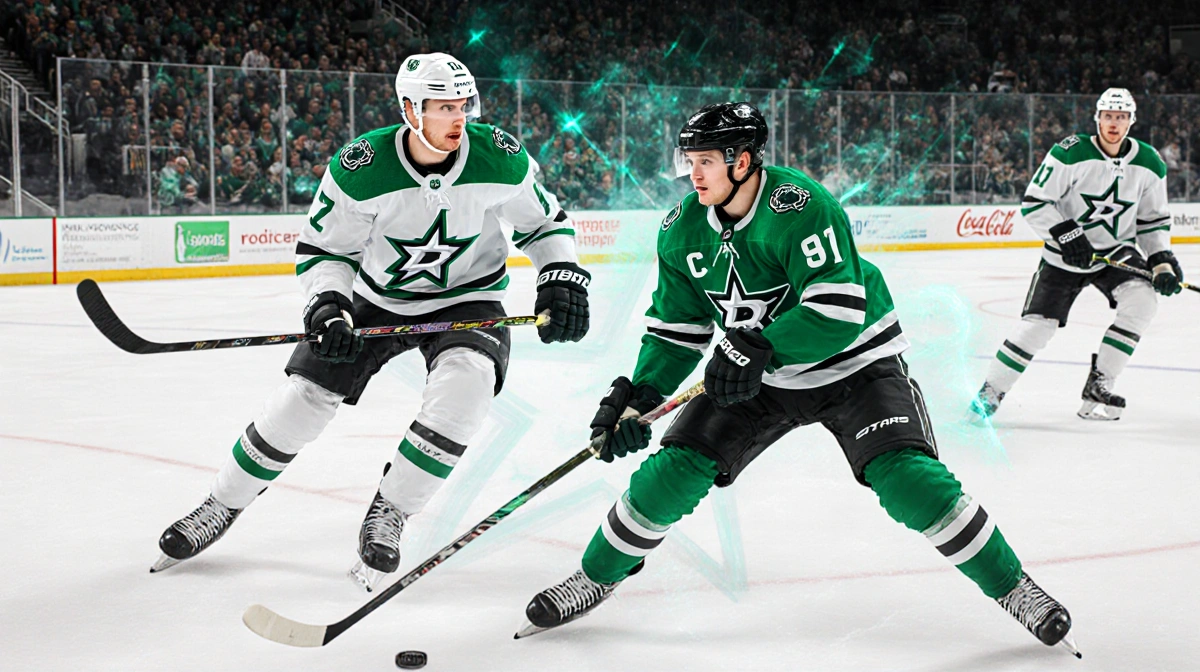 Dallas Stars power play unit controlling the puck with dynamic lighting highlighting their man advantage dominance