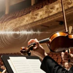 Violinist playing soaring melody with hands on instrument and golden concert hall seats behind