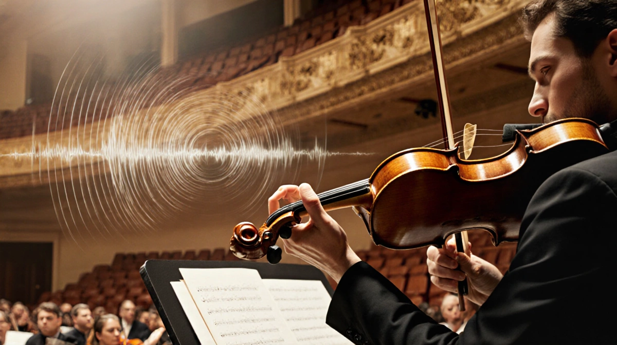 Violinist playing soaring melody with hands on instrument and golden concert hall seats behind