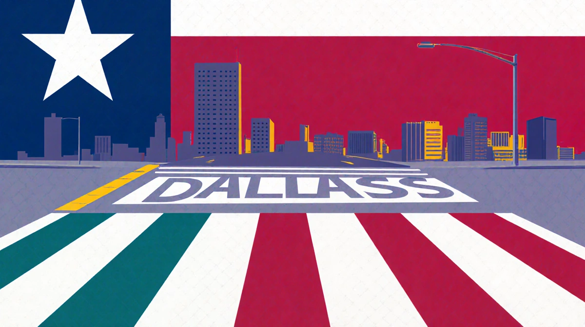 Crosswalk illustrating multicolored lettered design with bold lines in Dallas backdrop and Texas flag