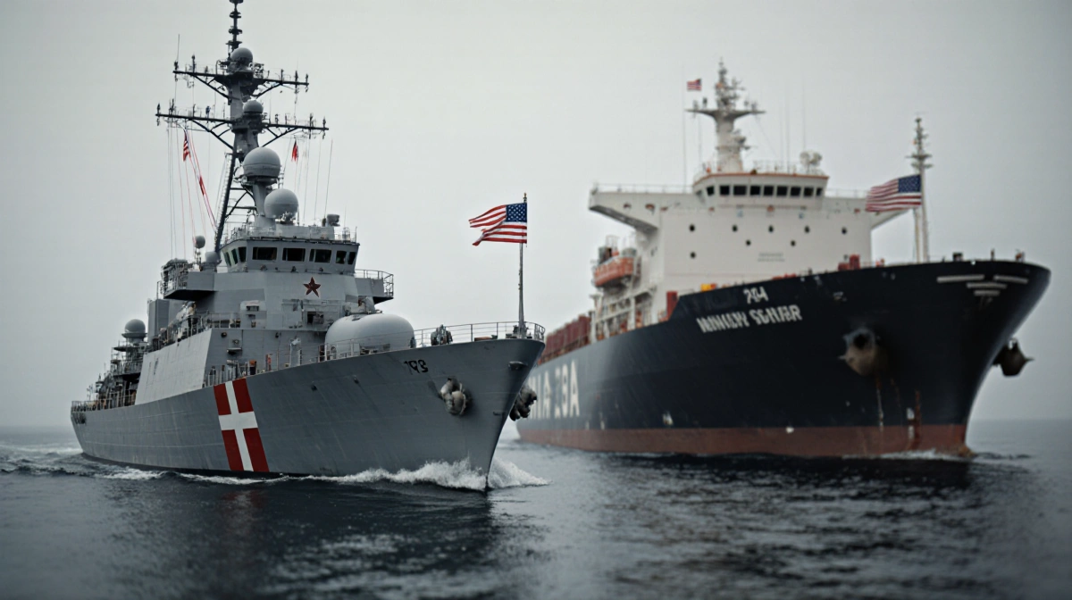 Danish Navy frigate sailing alongside American oil tanker with blurred flags showing sanctions violation