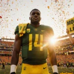 Dante Moore celebrating on Oregon football field with fans cheering and confetti flying under golden sunset