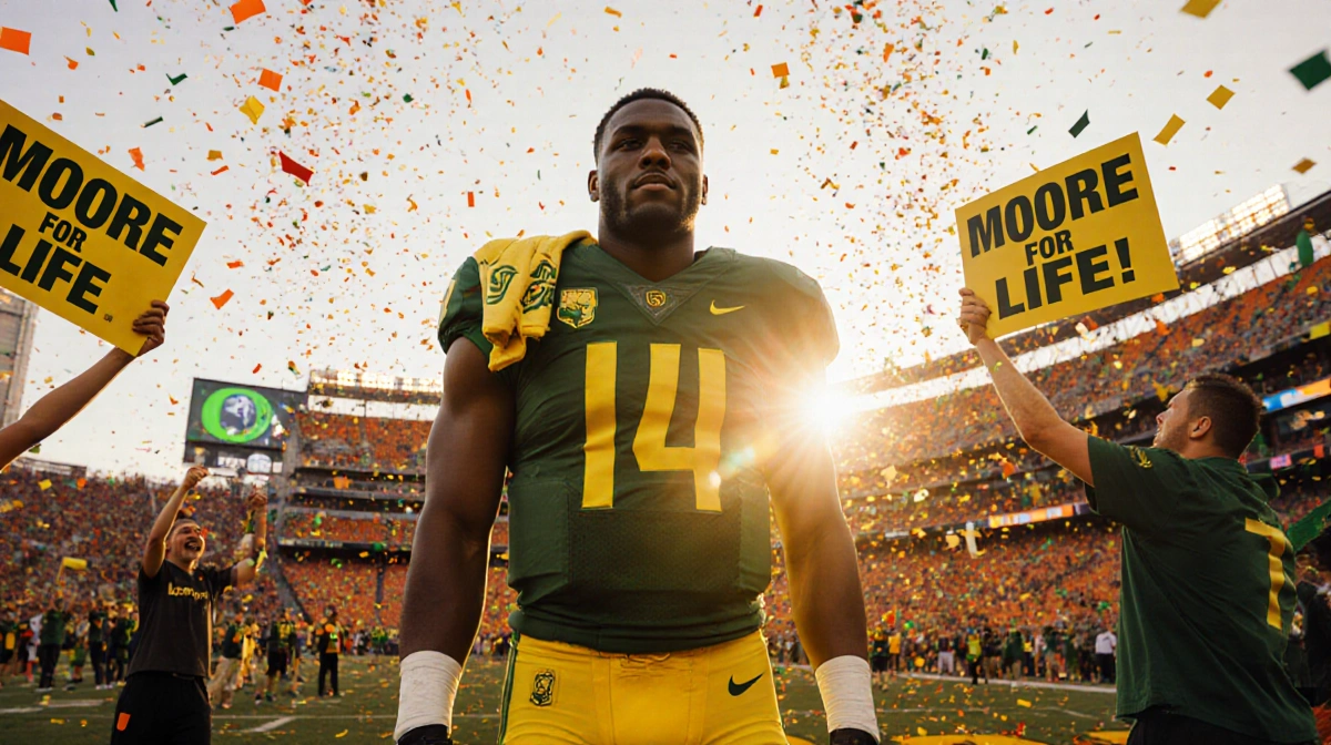 Dante Moore celebrating on Oregon football field with fans cheering and confetti flying under golden sunset