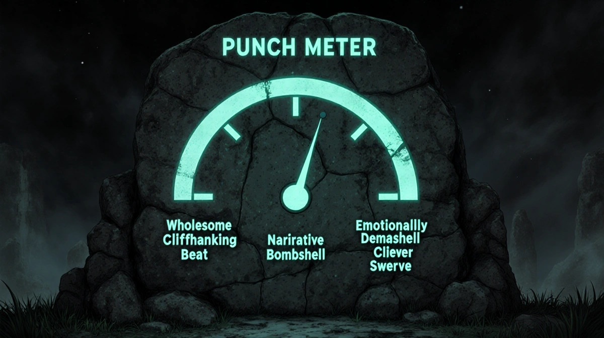 Ancient stone monument rises from dark fantasy landscape with glowing punch meter sections carved into weathered rock face