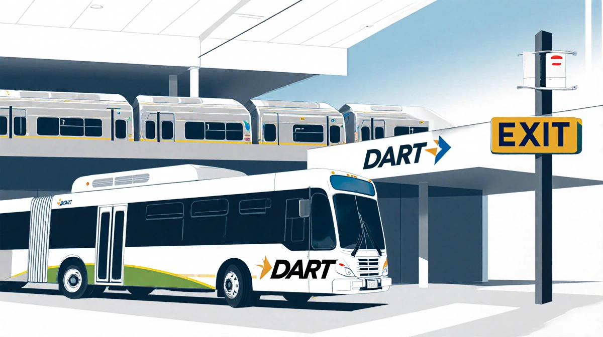 DART bus parked at transit center with Silver Line rail cars in background and connected visual bridge