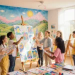 Students share colorful artwork at easels with paint supplies and mural behind them