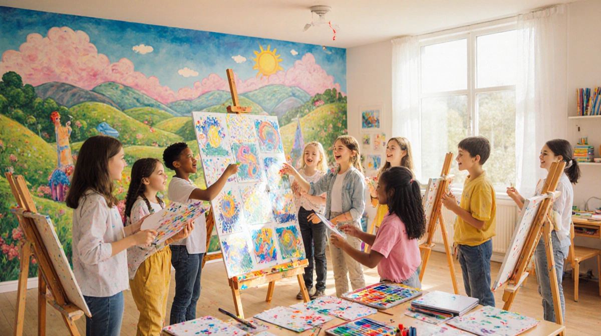Students share colorful artwork at easels with paint supplies and mural behind them