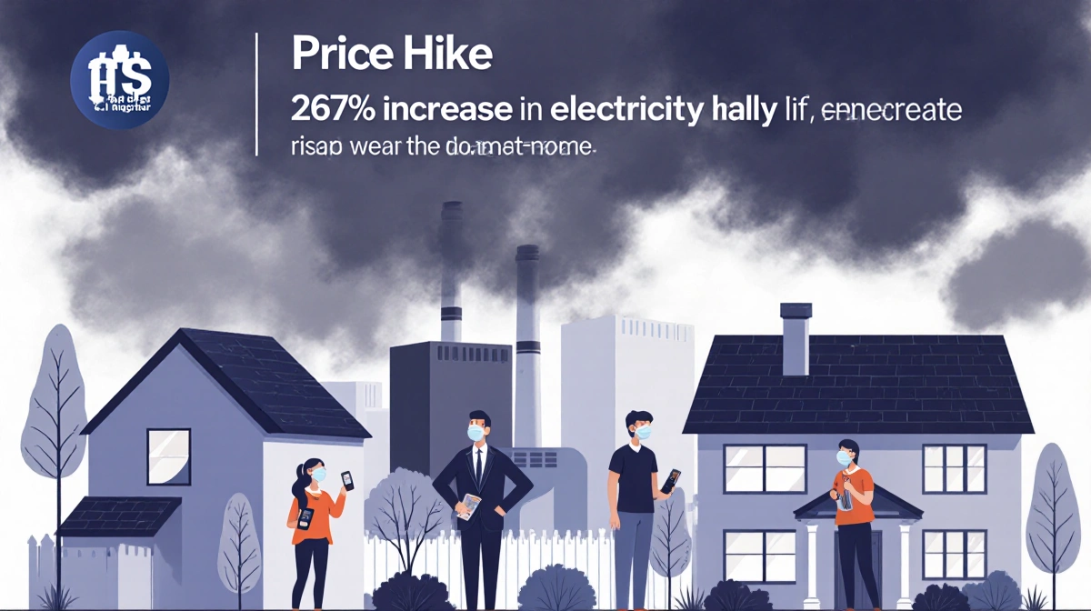 Residents wearing masks check air quality monitors near homes with polluted sky and Bloomberg headline showing 267% electrici
