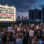 Protesters march with signs against data centers and mega-centers near billboard showing 2025 cancellations data