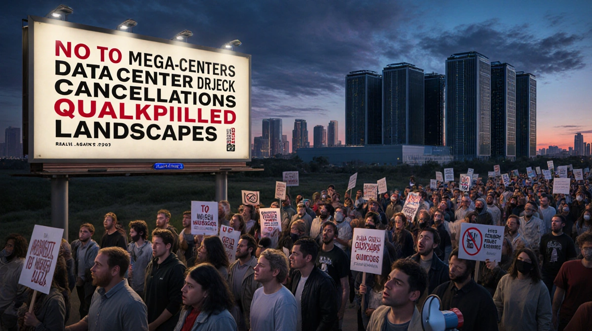 Protesters march with signs against data centers and mega-centers near billboard showing 2025 cancellations data