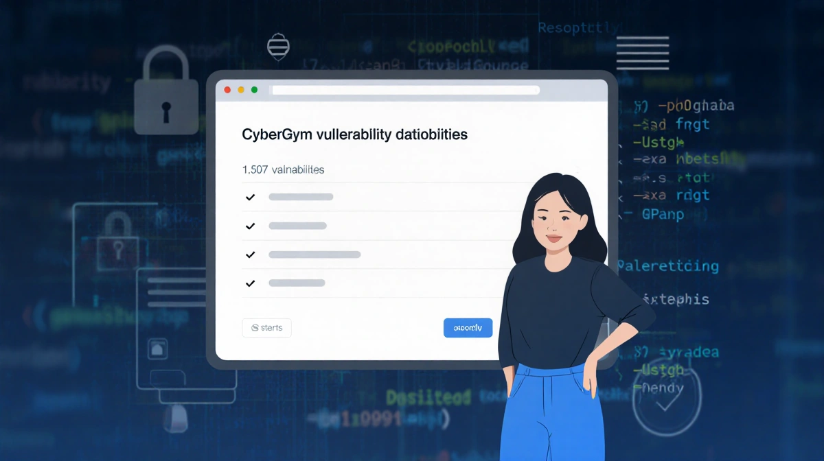 Dawn Song stands at computer screen with CyberGym vulnerability dataset showing 1507 security flaws and blue code snippets