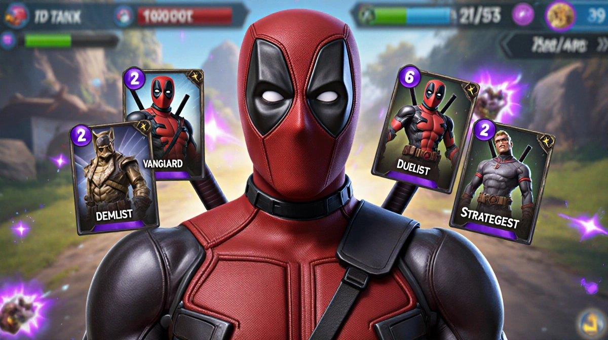 Deadpool holds three role cards with Vanguard Duelist and Strategist options while his character model switches abilities in 