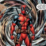 Deadpool stands confidently with comic panels swirling around him showing different Spawn versions of himself wielding weapon